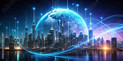 Futuristic City Skyline at Night with Vibrant Data Streams and Glowing Earth Against a Digital Backdrop, Showcasing Innovative Urban Architecture and Technology