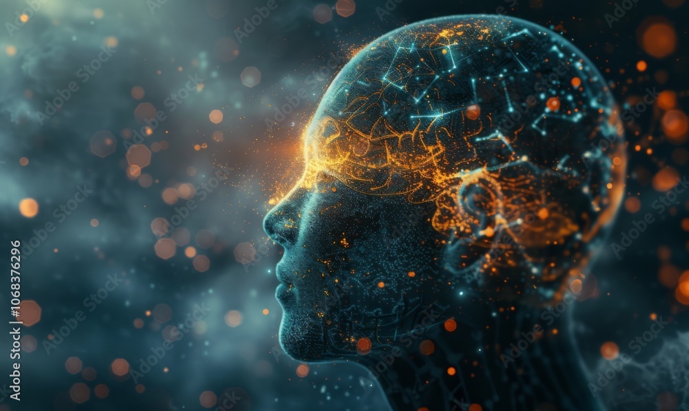 human head with glowing neuron in brain , futuristic and technology concept human head with glowing neuron in brain , futuristic and technology concept