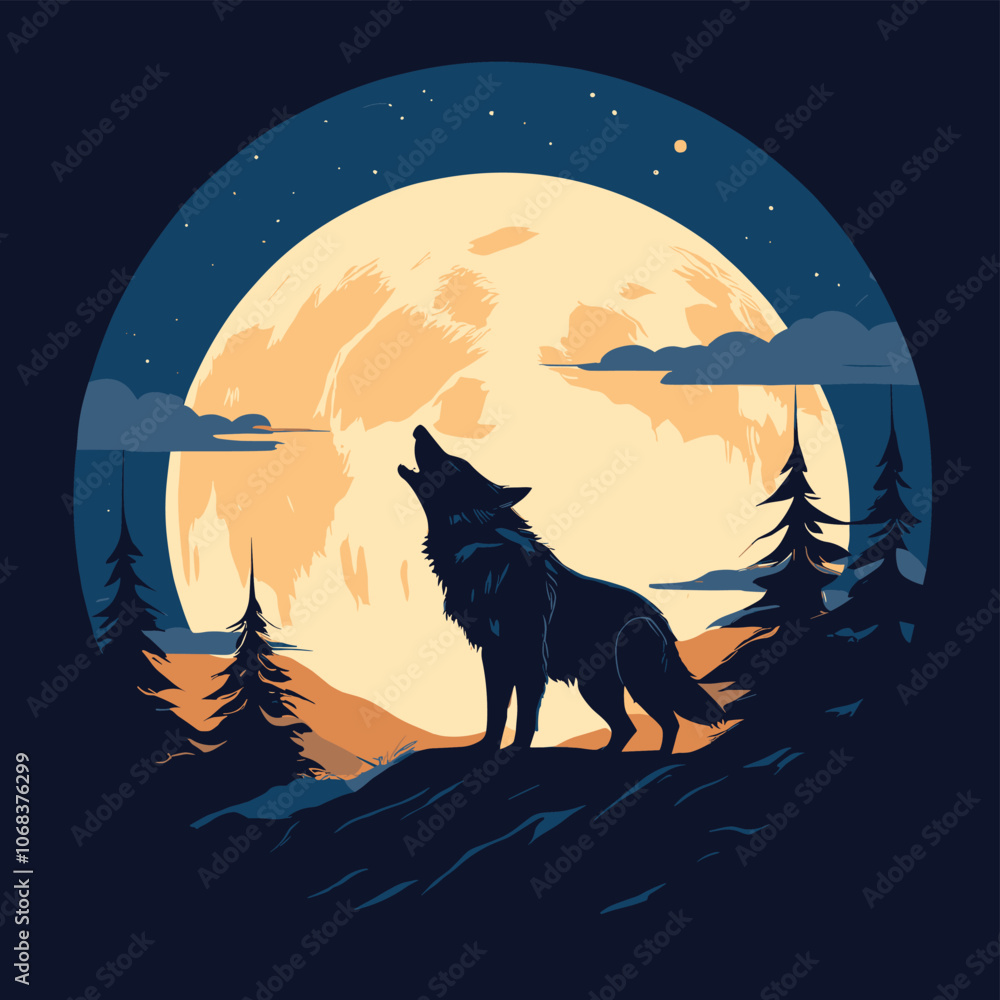 Howling wolf silhouette under full moon, vector illustration, night nature scene wallpaper Howling wolf silhouette under full moon, vector illustration, night nature scene wallpaper