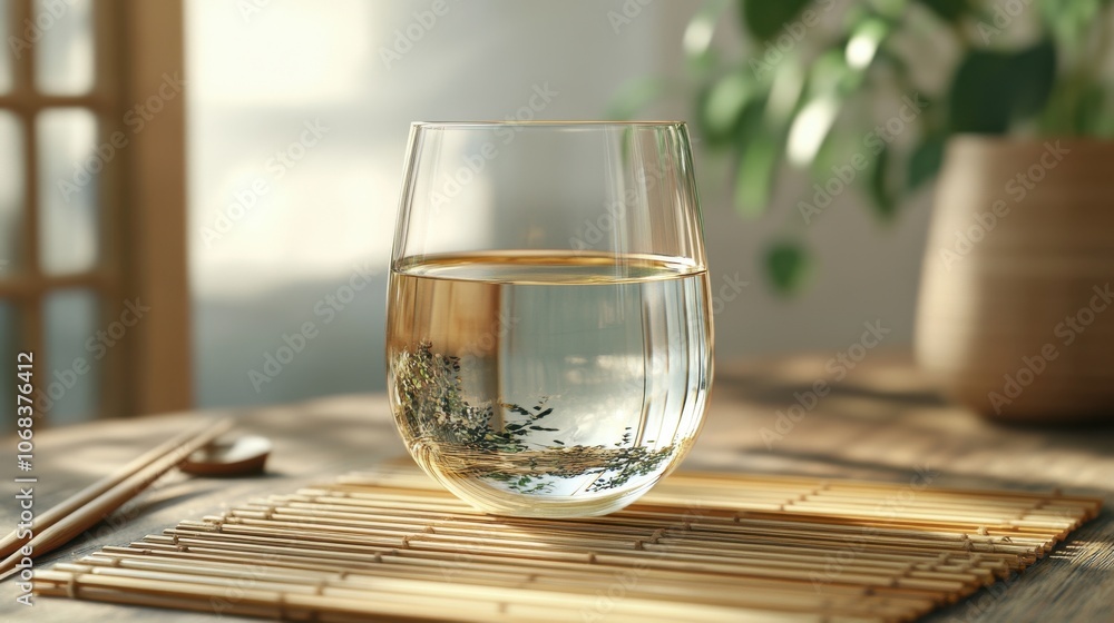 A serene glass of water resting on bamboo placemat surrounded by natural light in a cozy setting A serene glass of water resting on bamboo placemat surrounded by natural light in a cozy setting
