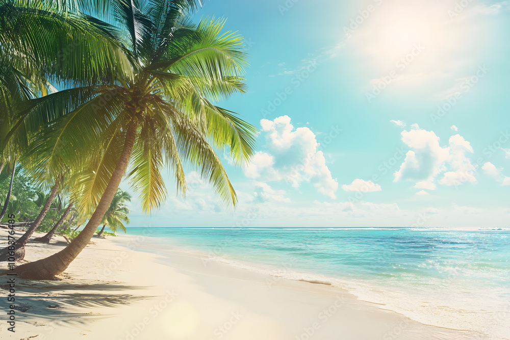 Obraz premium Beautiful tropical beach with lush palm trees, soft white sand, and crystal-clear turquoise water, perfect for a relaxing vacation under the sun in paradise