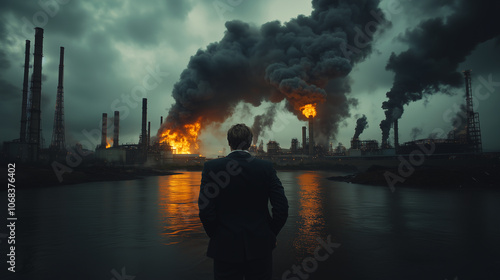 Businessman observing a dystopian industrial landscape born from his capitalistic worldview symbolizing the dark side of limitless production, unsustainable consumption, and environmental degradation photo