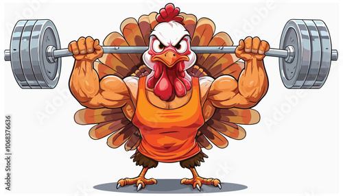 Muscular turkey lifting weights, cartoon art, orange and brown, fitness motivation poster
