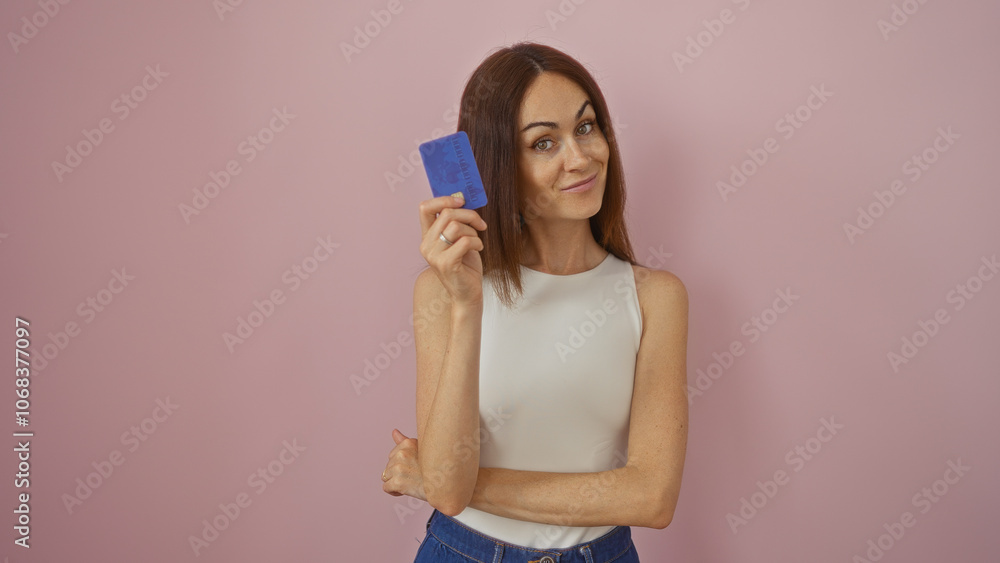 Young woman holding a credit card against an isolated pink background, smiling confidently Young woman holding a credit card against an isolated pink background, smiling confidently