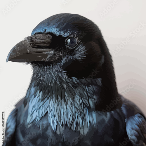 Portrait of a black raven on a light background. Close-up. 