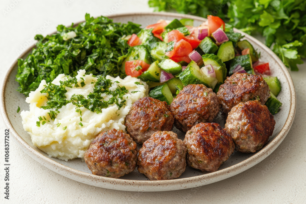 fried meatballs served with creamy mashed potatoes and a fresh green salad. AI generative. fried meatballs served with creamy mashed potatoes and a fresh green salad. AI generative.