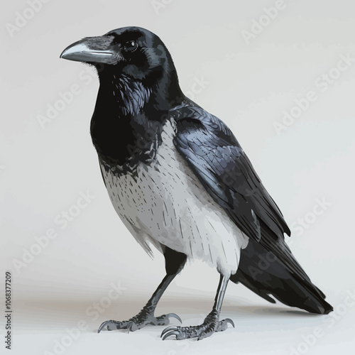 Portrait of a crow on a gray background. Side view. 

