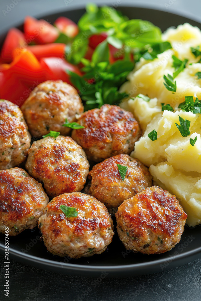 fried meatballs served with creamy mashed potatoes and a fresh green salad. AI generative. fried meatballs served with creamy mashed potatoes and a fresh green salad. AI generative.