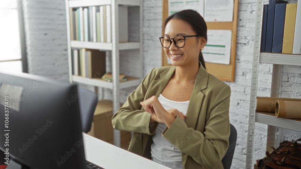 Smiling woman in an office wearing glasses and a green blazer working at a computer with shelves and files in the background Smiling woman in an office wearing glasses and a green blazer working at a computer with shelves and files in the background