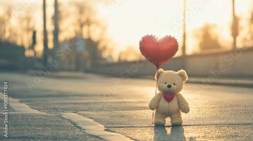 Fototapeta Naklejka Na Ścianę i Meble -  A small teddy bear holding a heart-shaped balloon on a deserted street at sunrise, symbolizing love, loneliness, and nostalgia.