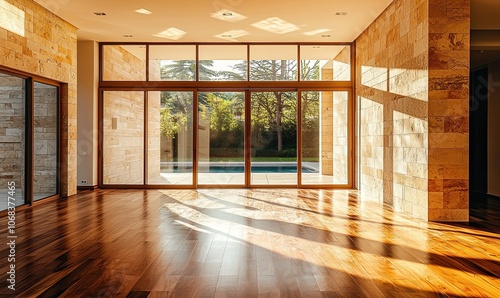 A minimalist interior scene with a large, empty room featuring a textured sandstone wall and polished wooden floor