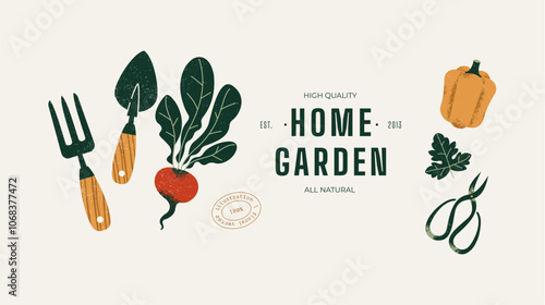 Garden tools and vegetables. Home garden design template. Vector illustration