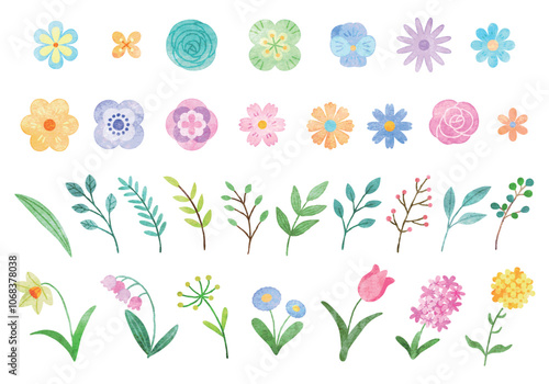 
春の花と葉っぱ　イラストセット　手描き水彩風