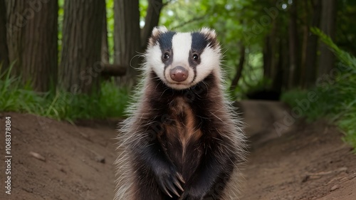 Badger with raised head and alert eyes in dense forest