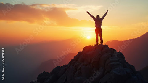 Hiker celebrating success on mountain top at sunset