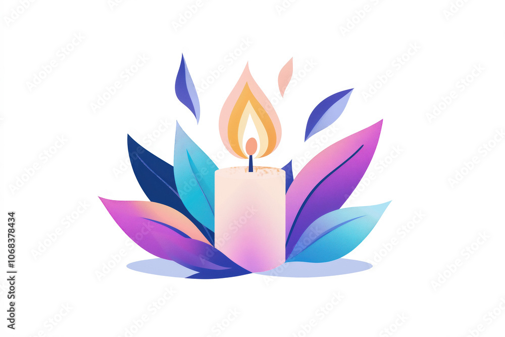 Elegant candle icon with vibrant, abstract leaves and warm flame, symbolizing peace, hope, and spirituality. Perfect for wellness, meditation, and relaxation themes. Elegant candle icon with vibrant, abstract leaves and warm flame, symbolizing peace, hope, and spirituality. Perfect for wellness, meditation, and relaxation themes.