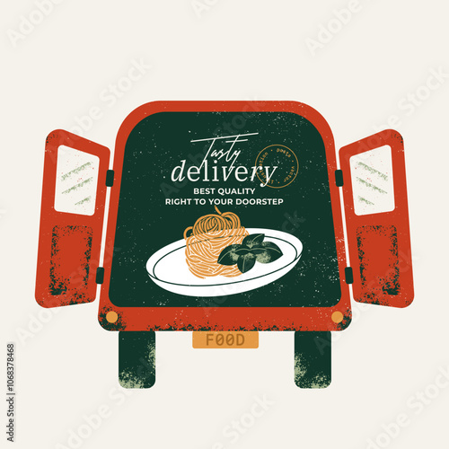 Fresh pasta loaded in open back of van. Delivery car. 