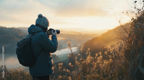 A man taking a photograph in the hills. This image could be used to represent hobbies, nature photography, or a peaceful moment.