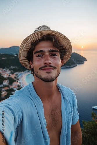 At sunset, a young influencer poses for a selfie, showcasing his stylish summer attire against a stunning coastal backdrop and vibrant ocean hues