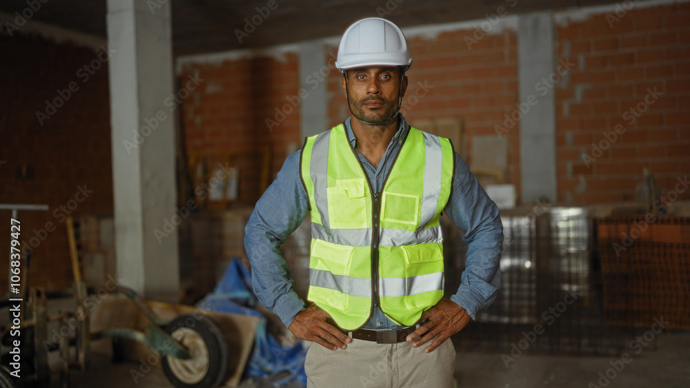 Young man standing confidently at a construction site wearing a hard hat and safety vest, embodying the essence of modern construction industry. Young man standing confidently at a construction site wearing a hard hat and safety vest, embodying the essence of modern construction industry.