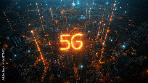 5G Technology Symbol in Cyber ​​City, Abstract light background with fractal patterns, perfect for technology and design concepts.