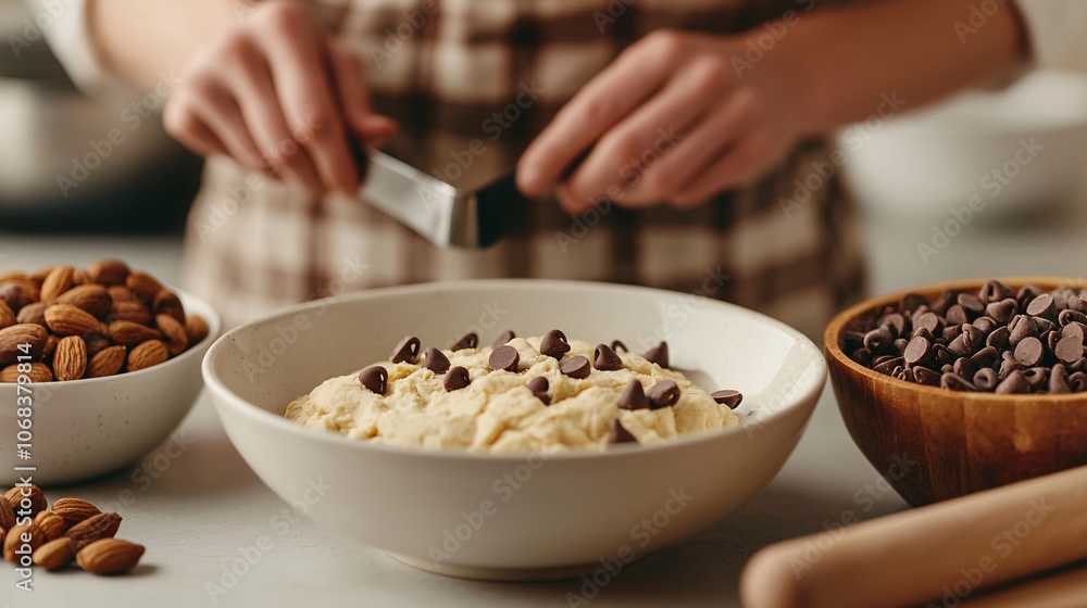 Cozy Kitchen Scene with Baker Measuring Ingredients Cozy Kitchen Scene with Baker Measuring Ingredients