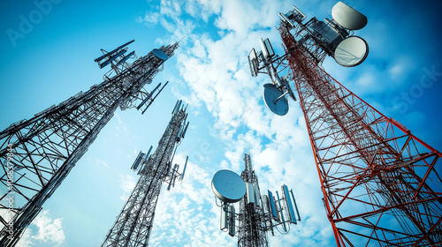 Telephone and microwave towers with tangled cables and a bright sky in the background, Telecommunication tower antenna in morning sky Evening sky. photo