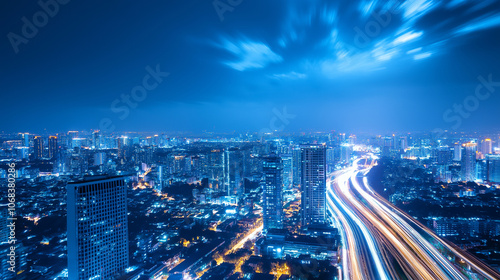 Wallpaper Mural City Night View with Traffic and Skyscrapers,
Cityscape with illuminated skyscrapers and traffic-filled highways at dusk, Nighttime Cityscape with Skyline. Torontodigital.ca