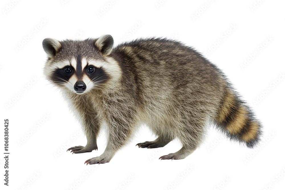 A raccoon stands isolated against a , showcasing its unique features A raccoon stands isolated against a , showcasing its unique features