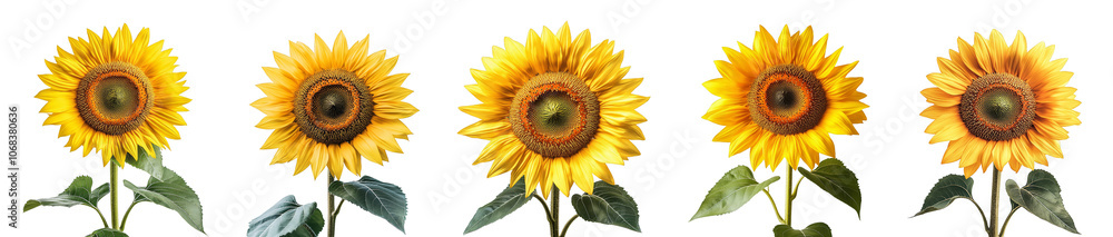 A row of five vibrant sunflowers, facing different directions, isolated on a transparent background. A row of five vibrant sunflowers, facing different directions, isolated on a transparent background.