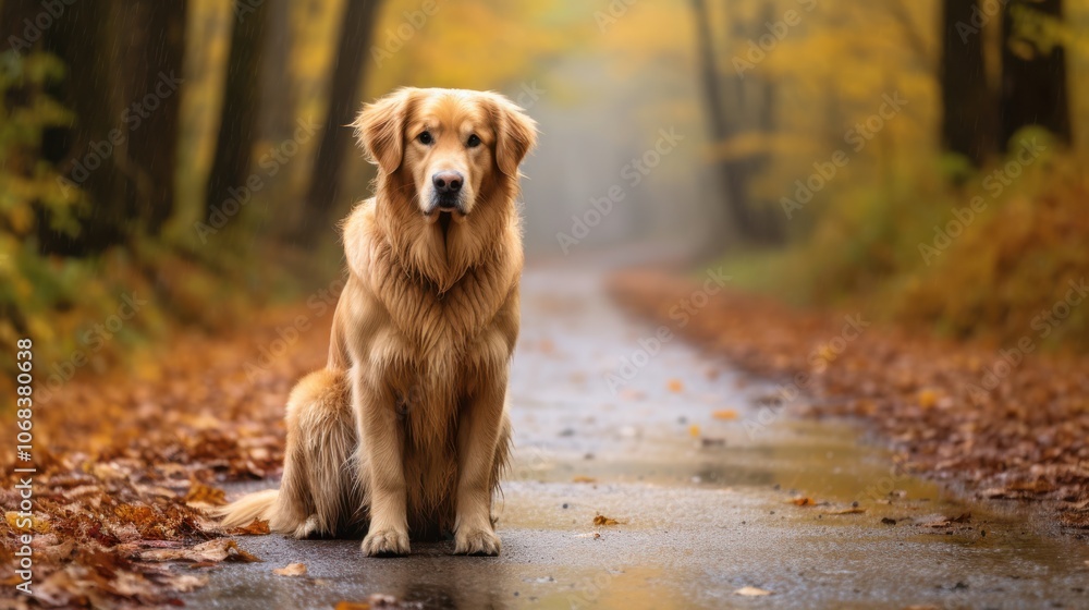 A golden retriever sits attentively on a misty, leaf-strewn path, embodying companionship and the serene beauty of an autumn morning. A golden retriever sits attentively on a misty, leaf-strewn path, embodying companionship and the serene beauty of an autumn morning.