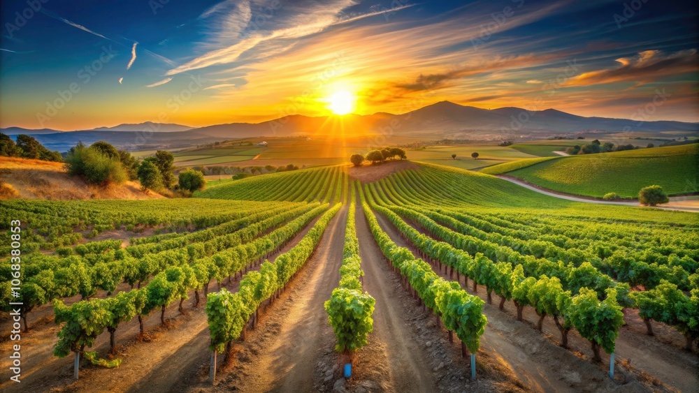 Stunning Panoramic View of a Spanish Vineyard at Sunrise, Capturing Lush Green Vines under a Golden Sky, Ideal for Travel and Nature Enthusiasts Stunning Panoramic View of a Spanish Vineyard at Sunrise, Capturing Lush Green Vines under a Golden Sky, Ideal for Travel and Nature Enthusiasts