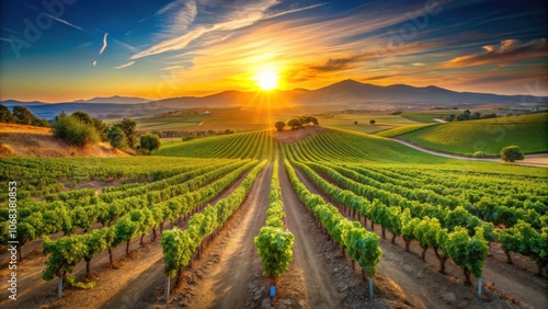 Stunning Panoramic View of a Spanish Vineyard at Sunrise, Capturing Lush Green Vines under a Golden Sky, Ideal for Travel and Nature Enthusiasts