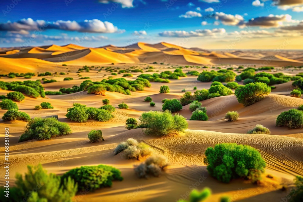 Fototapeta premium Stunning Tilt-Shift Photography of Vast Desert Landscape Featuring Majestic Sand Dunes and Resilient Vegetation in a Dreamlike Aerial Perspective for Nature and Travel Enthusiasts