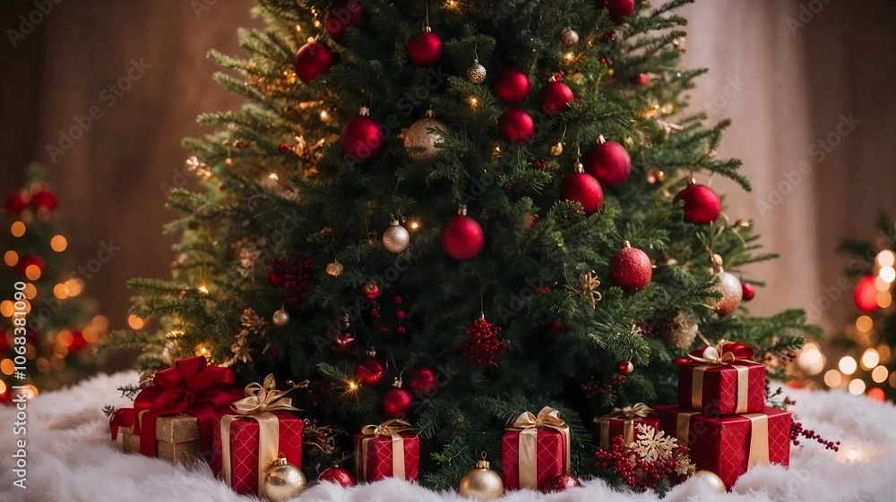 Decorated fir tree with gifts in the center, Christmas background Decorated fir tree with gifts in the center, Christmas background