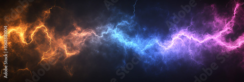 Multi-colored lightning, panorama wallpaper, the beauty of natural phenomena