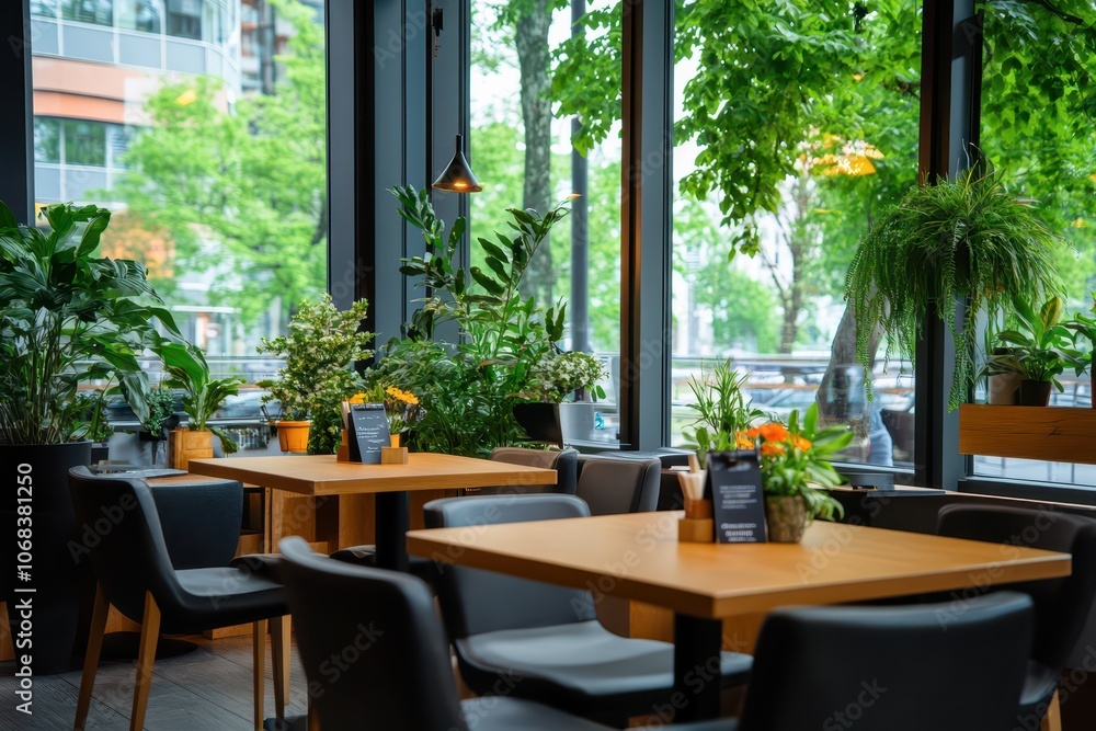 Fototapeta premium Cozy indoor cafe featuring inviting seating for a relaxing coffee experience.
