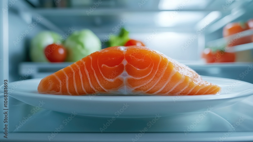 Fresh Salmon Fillet on Plate Inside Refrigerator Fresh Salmon Fillet on Plate Inside Refrigerator