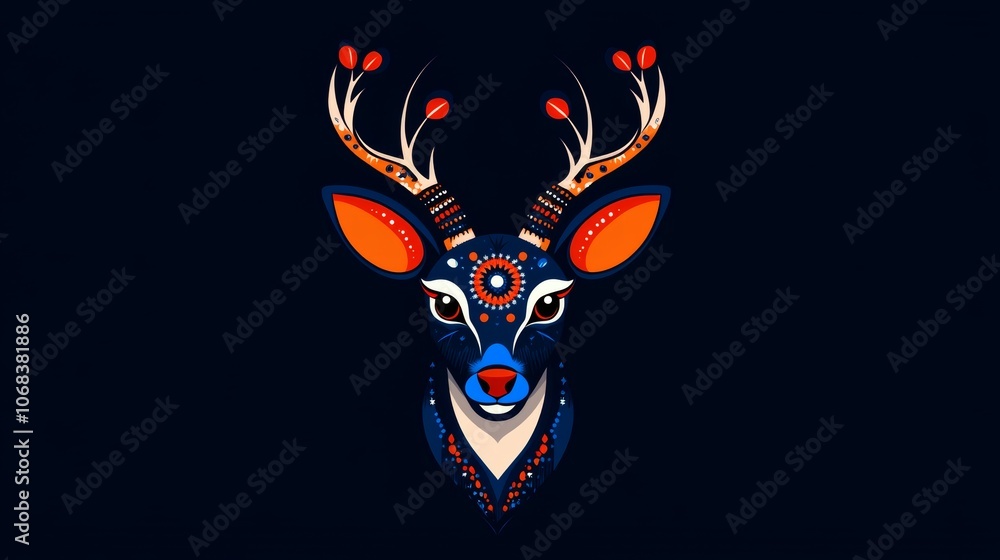 Fototapeta premium Ornate Deer Head Dark Background Blue Orange Mandala Design Animal Art