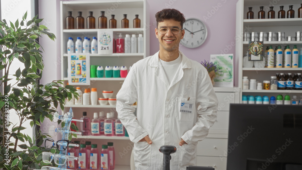 Hispanic male pharmacist in a white coat smiles confidently while standing in a well-organized pharmacy filled with various medical products and herbs. Hispanic male pharmacist in a white coat smiles confidently while standing in a well-organized pharmacy filled with various medical products and herbs.