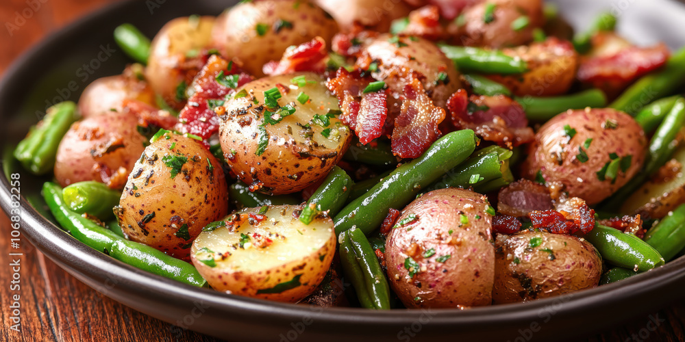 Rustic country-style dish with roasted new potatoes in a plate, tender green beans and crispy bacon bits. AI generative. Rustic country-style dish with roasted new potatoes in a plate, tender green beans and crispy bacon bits. AI generative.