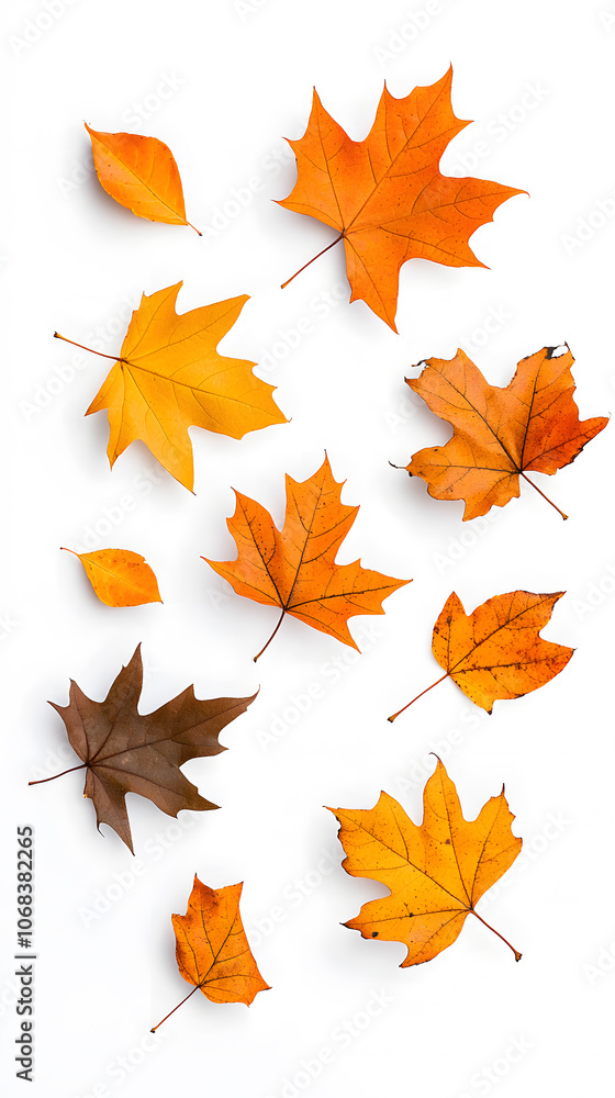 Yellow and brown dry leaves falling down in motion, isolated on white background Yellow and brown dry leaves falling down in motion, isolated on white background