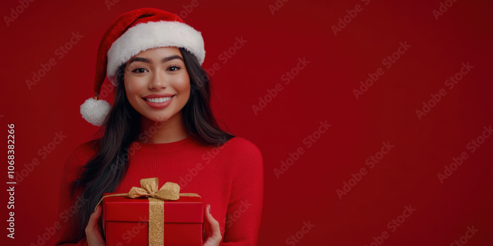 A beautiful young woman in a festive Christmas outfit and a Santa hat on a red monochrome background. Ideal as a banner A beautiful young woman in a festive Christmas outfit and a Santa hat on a red monochrome background. Ideal as a banner