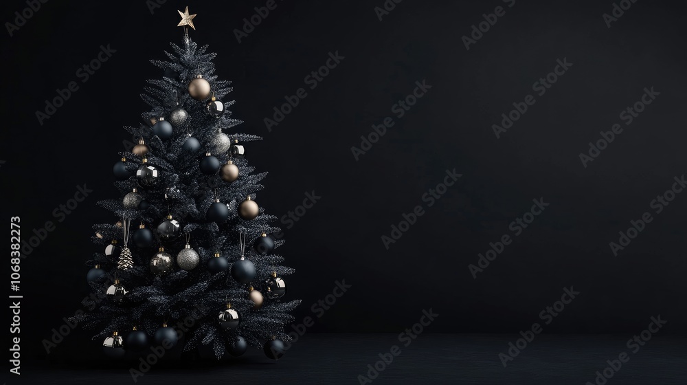 Elegant Christmas tree with monochromatic ornaments, set against a sleek black background with copy space for a greeting. Elegant Christmas tree with monochromatic ornaments, set against a sleek black background with copy space for a greeting.