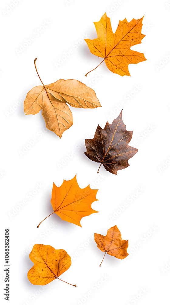 Yellow and brown dry leaves falling down in motion, isolated on white background Yellow and brown dry leaves falling down in motion, isolated on white background