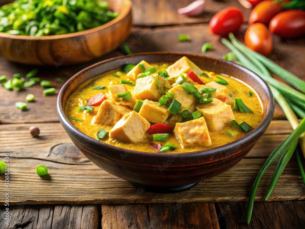 Tofu and Eggs in Creamy Yellow Curry Sauce with Green Onions - Delicious Vegan Dish, Perfect for Meal Prep or Cozy Dinners Tofu and Eggs in Creamy Yellow Curry Sauce with Green Onions - Delicious Vegan Dish, Perfect for Meal Prep or Cozy Dinners