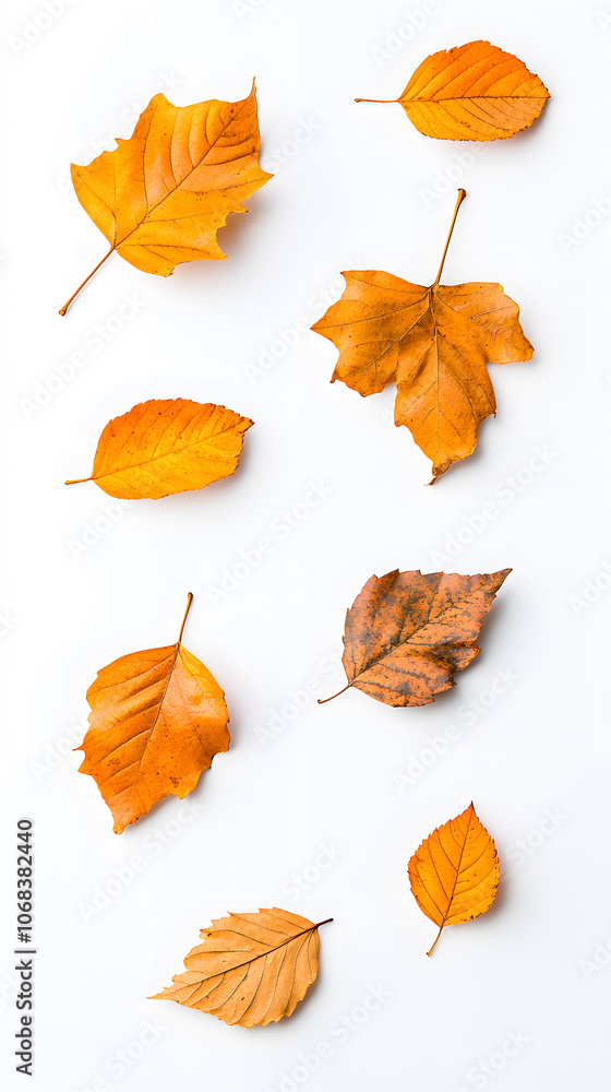 Yellow and brown dry leaves falling down in motion, isolated on white background Yellow and brown dry leaves falling down in motion, isolated on white background
