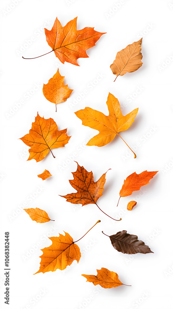 Fototapeta premium Yellow and brown dry leaves falling down in motion, isolated on white background