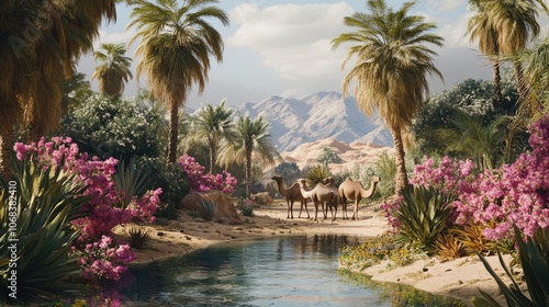 A desert oasis with palm trees and blooming cacti, where camels rest by the water