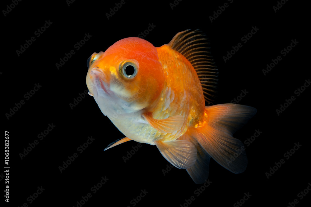 Goldfish isolated on black background. Oranda Goldfish Goldfish isolated on black background. Oranda Goldfish